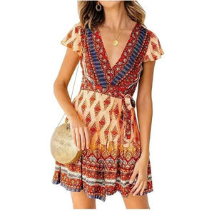 Zesica Bohemian  Dress Women Large Orange Wrap V Neck Floral Ruffle Swing A Line